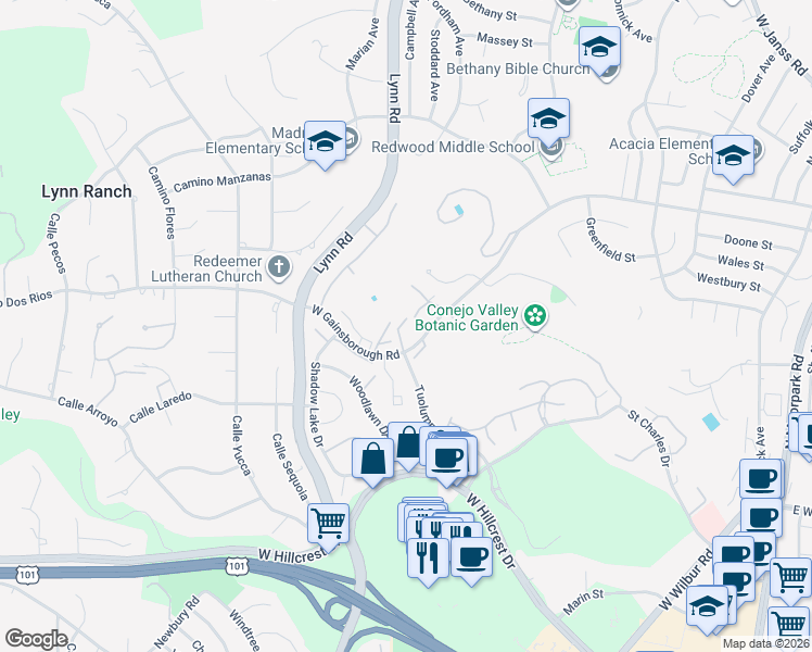 map of restaurants, bars, coffee shops, grocery stores, and more near 491 West Gainsborough Road in Thousand Oaks