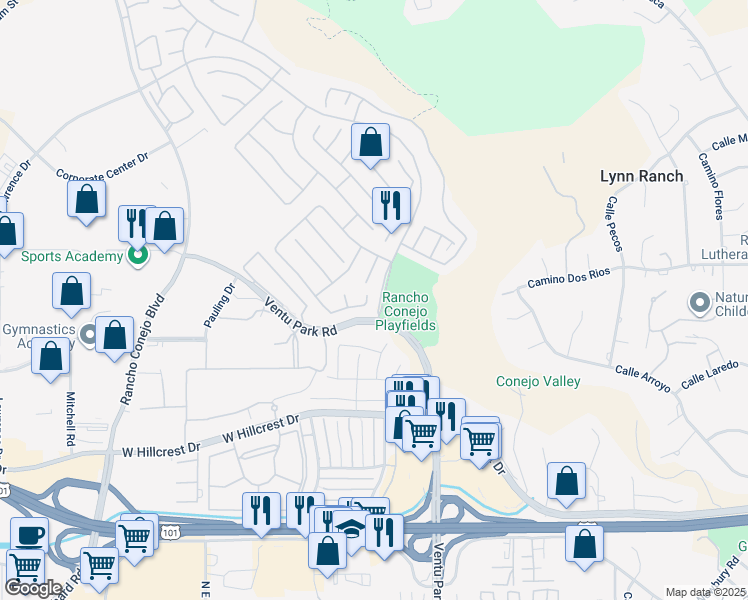 map of restaurants, bars, coffee shops, grocery stores, and more near 1624 Glider Court in Thousand Oaks