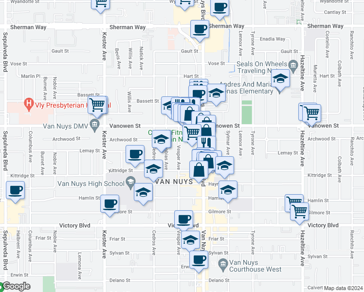 map of restaurants, bars, coffee shops, grocery stores, and more near 6706 Vesper Avenue in Los Angeles