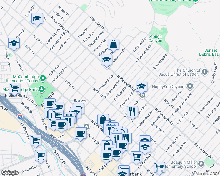 map of restaurants, bars, coffee shops, grocery stores, and more near 633 East Fairmount Road in Burbank