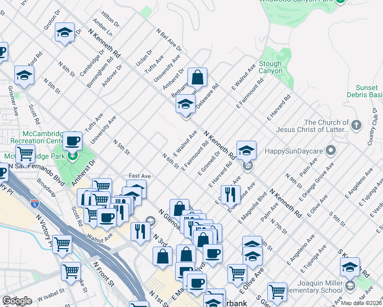 map of restaurants, bars, coffee shops, grocery stores, and more near 637 East Fairmount Road in Burbank