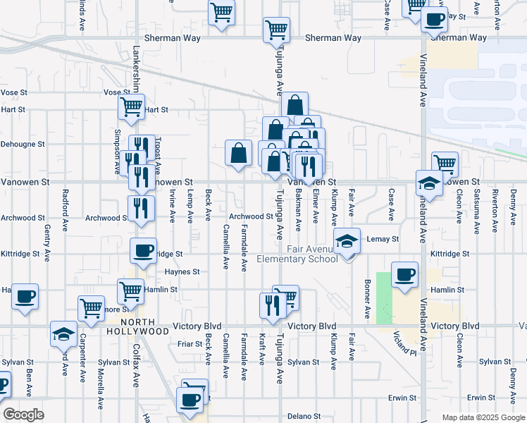 map of restaurants, bars, coffee shops, grocery stores, and more near 6708 Kraft Avenue in Los Angeles