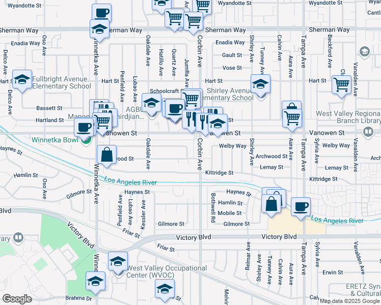 map of restaurants, bars, coffee shops, grocery stores, and more near 6712 Jumilla Avenue in Los Angeles