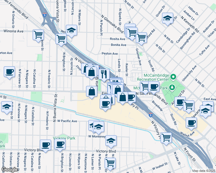 map of restaurants, bars, coffee shops, grocery stores, and more near 1843 N Victory Pl in Burbank
