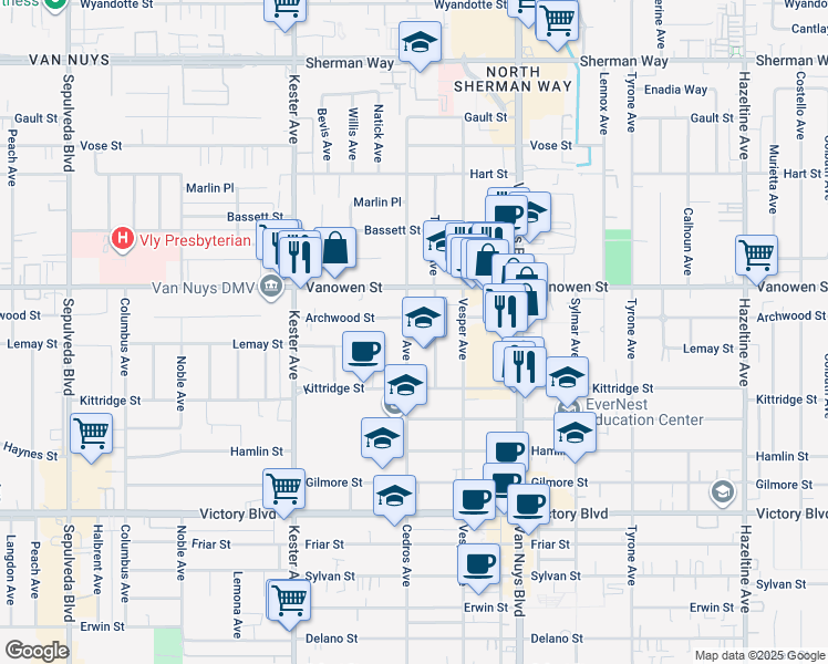 map of restaurants, bars, coffee shops, grocery stores, and more near 6712 Cedros Avenue in Los Angeles