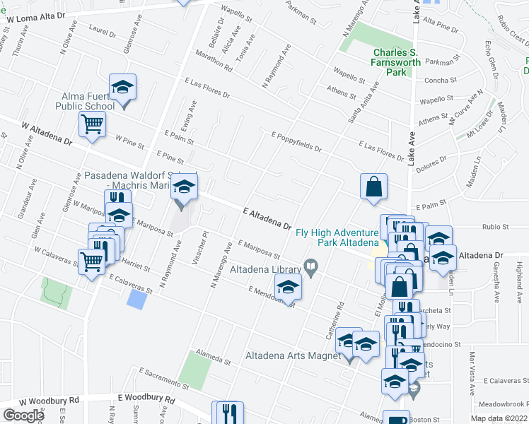 map of restaurants, bars, coffee shops, grocery stores, and more near 369 East Altadena Drive in Altadena