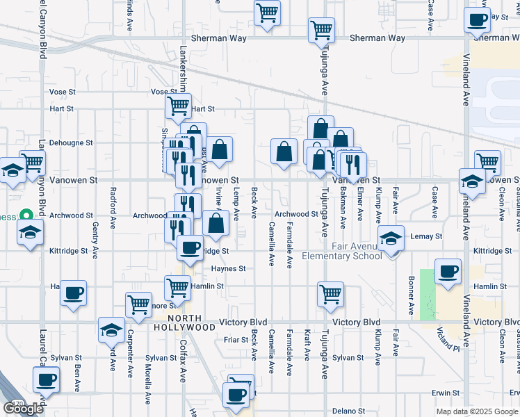 map of restaurants, bars, coffee shops, grocery stores, and more near 6706 Beck Avenue in Los Angeles