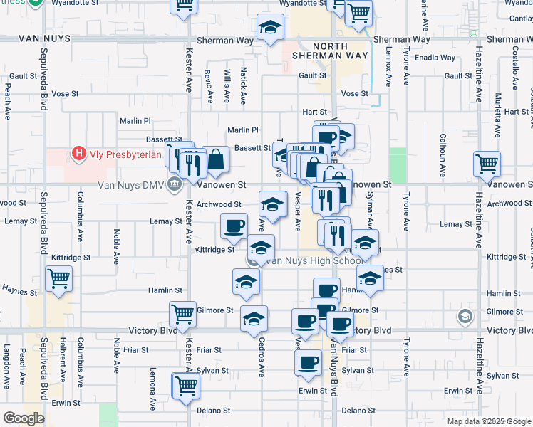 map of restaurants, bars, coffee shops, grocery stores, and more near 6712 Cedros Avenue in Los Angeles