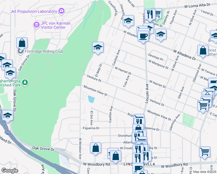 map of restaurants, bars, coffee shops, grocery stores, and more near 706 Ventura Street in Altadena