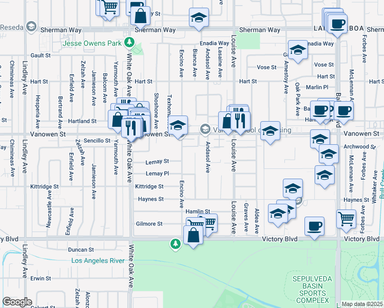 map of restaurants, bars, coffee shops, grocery stores, and more near 6715 Bianca Avenue in Los Angeles