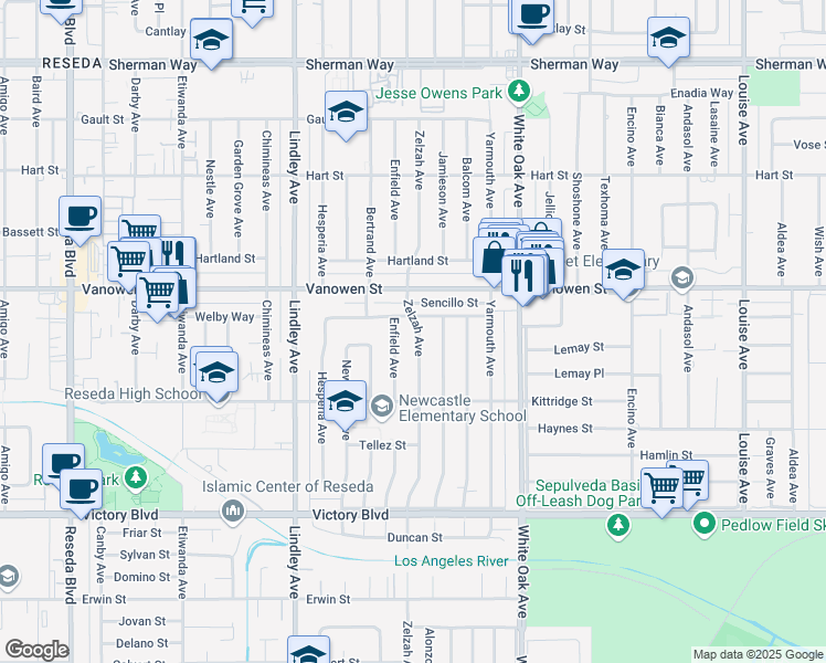 map of restaurants, bars, coffee shops, grocery stores, and more near 6709 Zelzah Avenue in Los Angeles