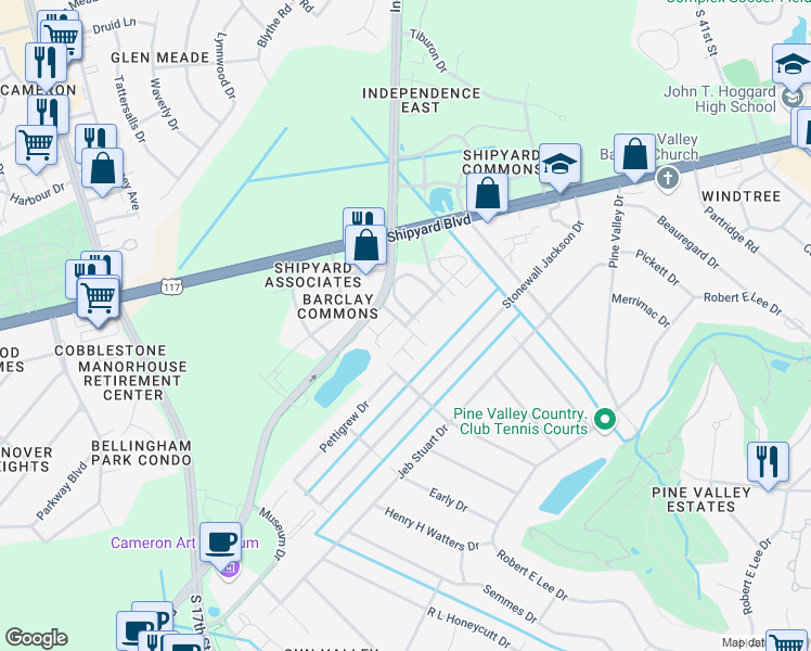 map of restaurants, bars, coffee shops, grocery stores, and more near 2501 Costmary Lane in Wilmington