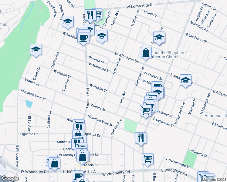 map of restaurants, bars, coffee shops, grocery stores, and more near 2756 Bula Court in Altadena