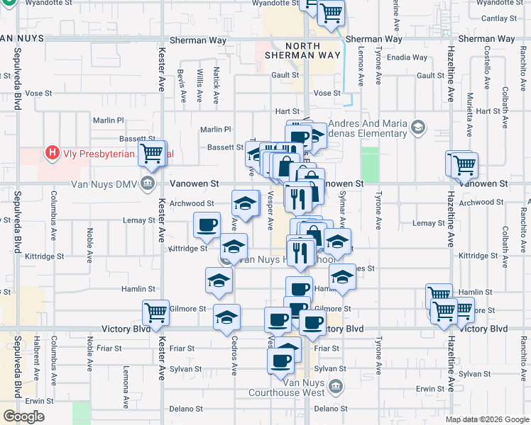 map of restaurants, bars, coffee shops, grocery stores, and more near 6709 Vesper Avenue in Los Angeles