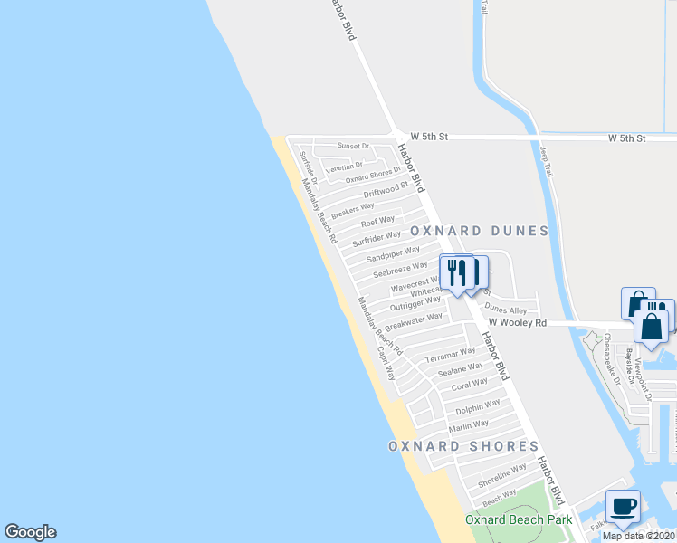 map of restaurants, bars, coffee shops, grocery stores, and more near 935 Mandalay Beach Road in Oxnard