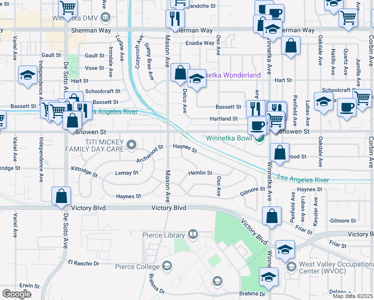 map of restaurants, bars, coffee shops, grocery stores, and more near 20414 Haynes Street in Los Angeles