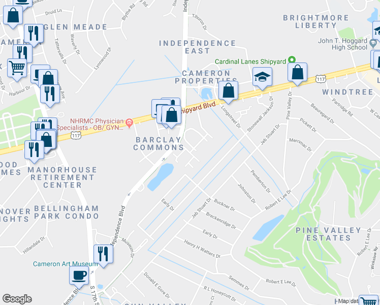 map of restaurants, bars, coffee shops, grocery stores, and more near 2554 Croquet Drive in Wilmington