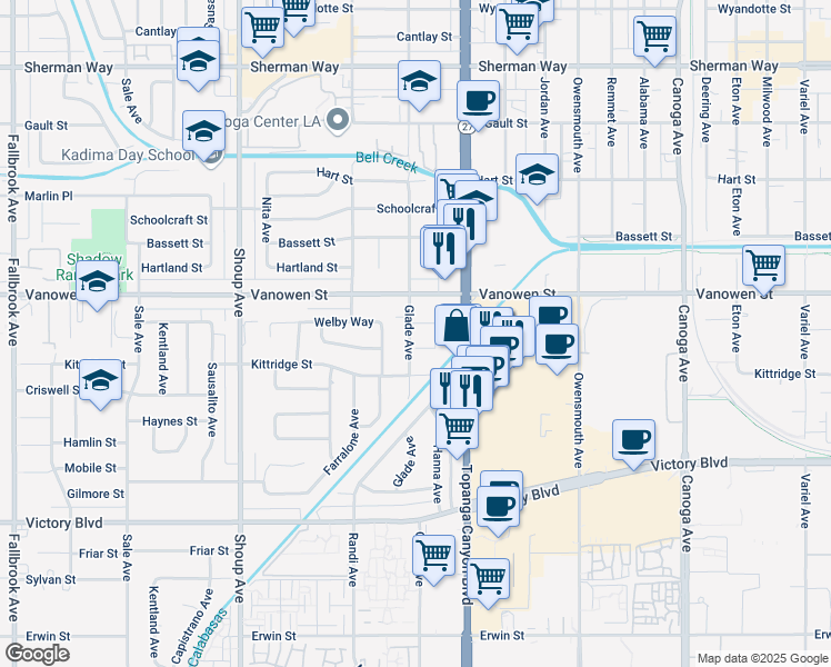 map of restaurants, bars, coffee shops, grocery stores, and more near 6670 Glade Avenue in Los Angeles