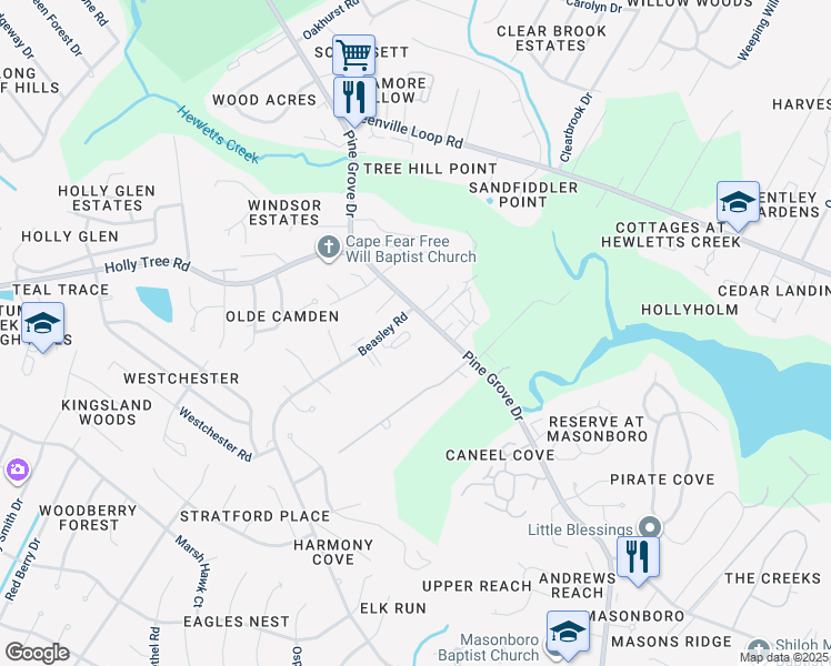 map of restaurants, bars, coffee shops, grocery stores, and more near 2640 Broadbill Lane in Wilmington