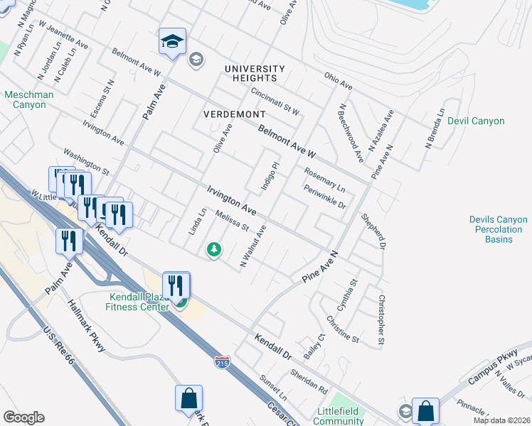 map of restaurants, bars, coffee shops, grocery stores, and more near 6135 North Walnut Avenue in San Bernardino