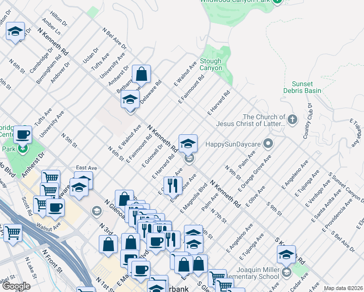 map of restaurants, bars, coffee shops, grocery stores, and more near 818 East Harvard Road in Burbank