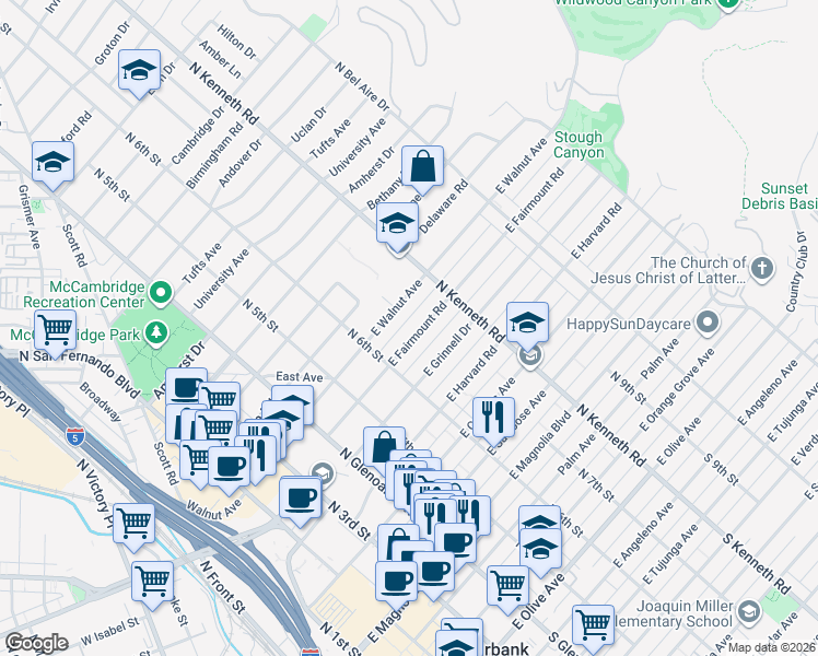 map of restaurants, bars, coffee shops, grocery stores, and more near 633 East Fairmount Road in Burbank