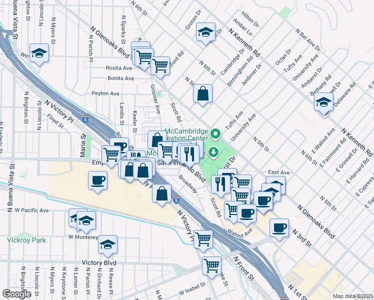 map of restaurants, bars, coffee shops, grocery stores, and more near 1555 Scott Road in Burbank