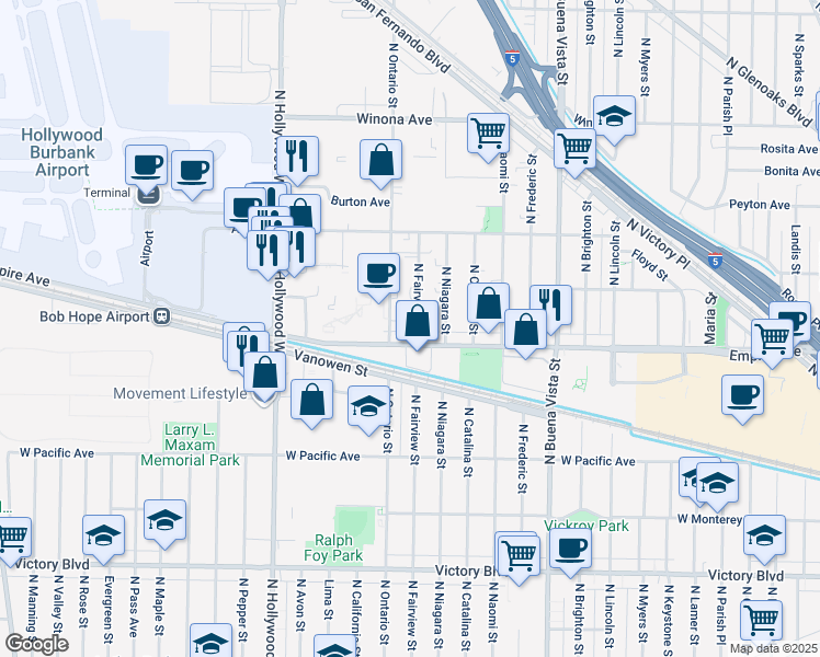 map of restaurants, bars, coffee shops, grocery stores, and more near 2219 North Fairview Street in Burbank