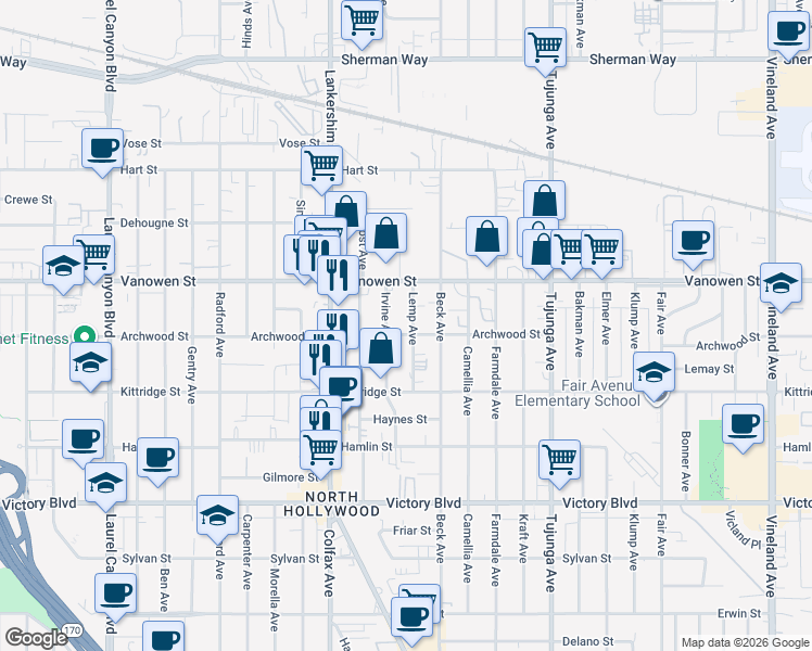 map of restaurants, bars, coffee shops, grocery stores, and more near 6703 Lemp Avenue in Los Angeles