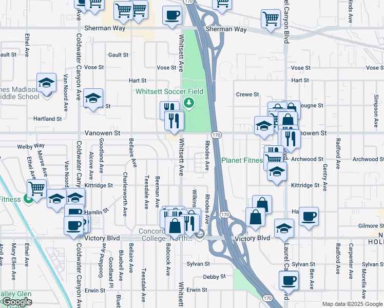 map of restaurants, bars, coffee shops, grocery stores, and more near 12420 Archwood Street in Los Angeles