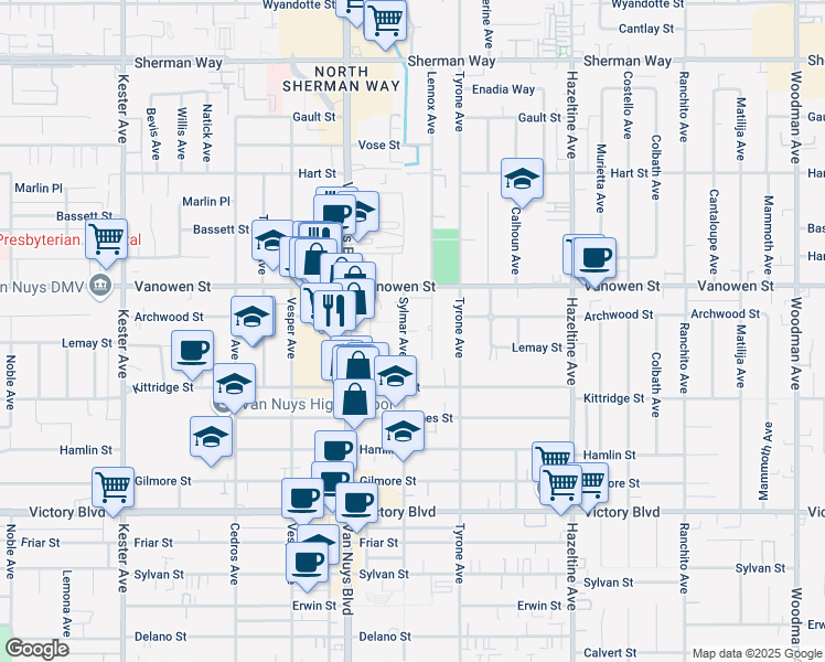 map of restaurants, bars, coffee shops, grocery stores, and more near 6716 Sylmar Avenue in Los Angeles