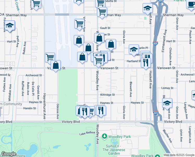 map of restaurants, bars, coffee shops, grocery stores, and more near 6710 Woodley Avenue in Los Angeles