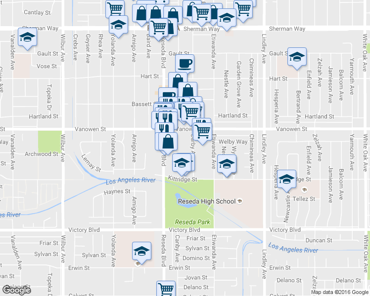 map of restaurants, bars, coffee shops, grocery stores, and more near 6717 Darby Avenue in Los Angeles