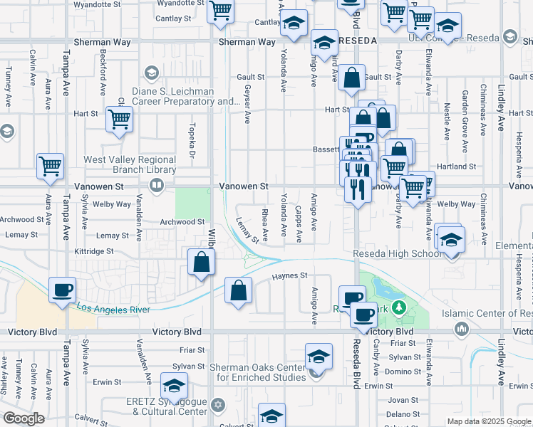 map of restaurants, bars, coffee shops, grocery stores, and more near 6727 Kurl Way in Los Angeles