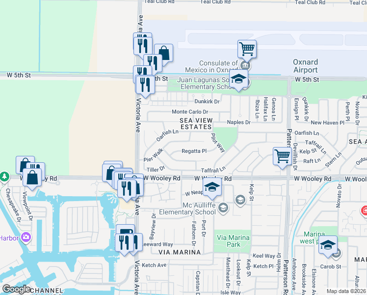 map of restaurants, bars, coffee shops, grocery stores, and more near 3541 Regatta Place in Oxnard