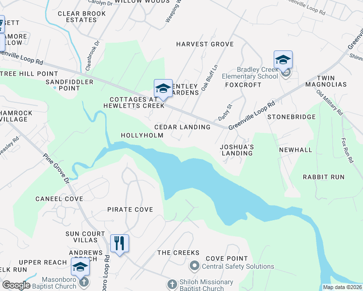 map of restaurants, bars, coffee shops, grocery stores, and more near 5818 Greenville Loop Rd in Wilmington