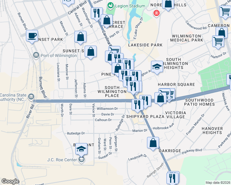 map of restaurants, bars, coffee shops, grocery stores, and more near 430 Cape Fear Blvd in Wilmington