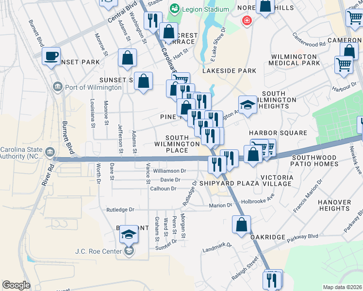 map of restaurants, bars, coffee shops, grocery stores, and more near 430 Cape Fear Blvd in Wilmington