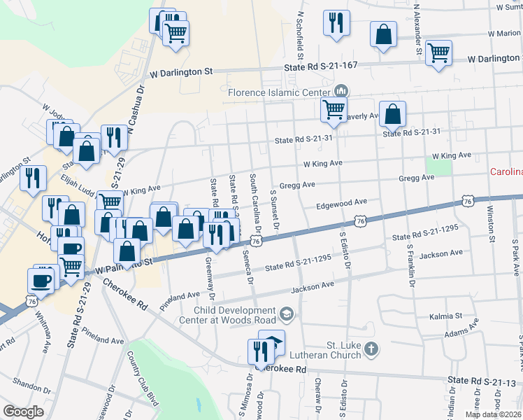 map of restaurants, bars, coffee shops, grocery stores, and more near 202 South Carolina Drive in Florence