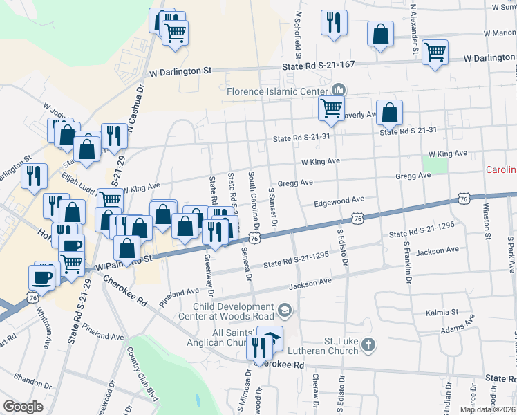 map of restaurants, bars, coffee shops, grocery stores, and more near 202 South Carolina Drive in Florence