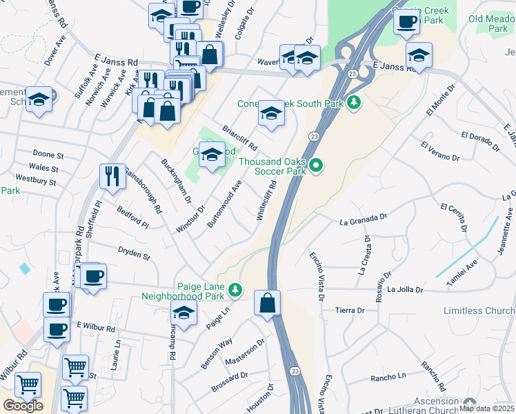 map of restaurants, bars, coffee shops, grocery stores, and more near 1113 Whitecliff Road in Thousand Oaks