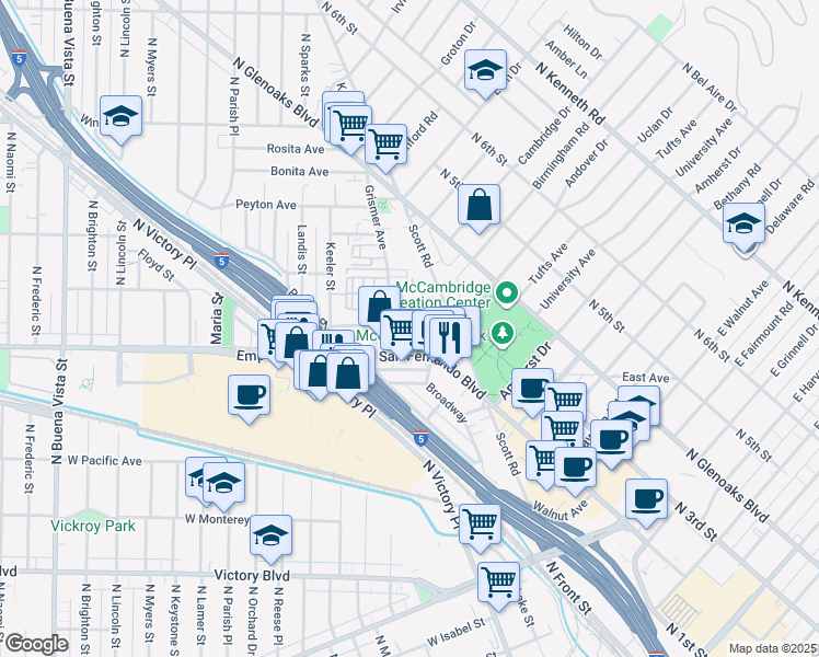 map of restaurants, bars, coffee shops, grocery stores, and more near 1620 North San Fernando Boulevard in Burbank