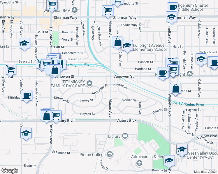 map of restaurants, bars, coffee shops, grocery stores, and more near 20500 Archwood Street in Los Angeles