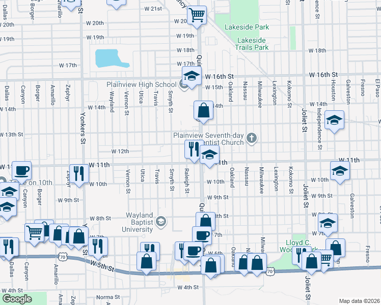 map of restaurants, bars, coffee shops, grocery stores, and more near 1108 Raleigh St in Plainview