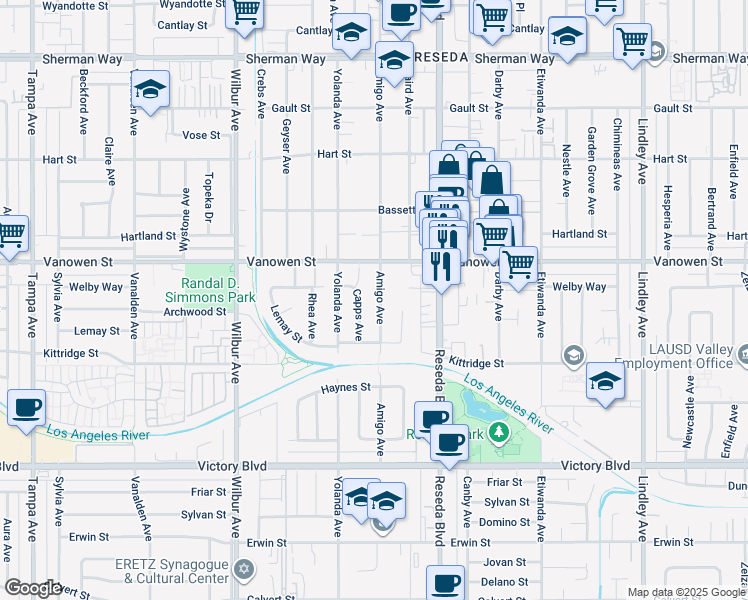 map of restaurants, bars, coffee shops, grocery stores, and more near 6719 Amigo Avenue in Los Angeles