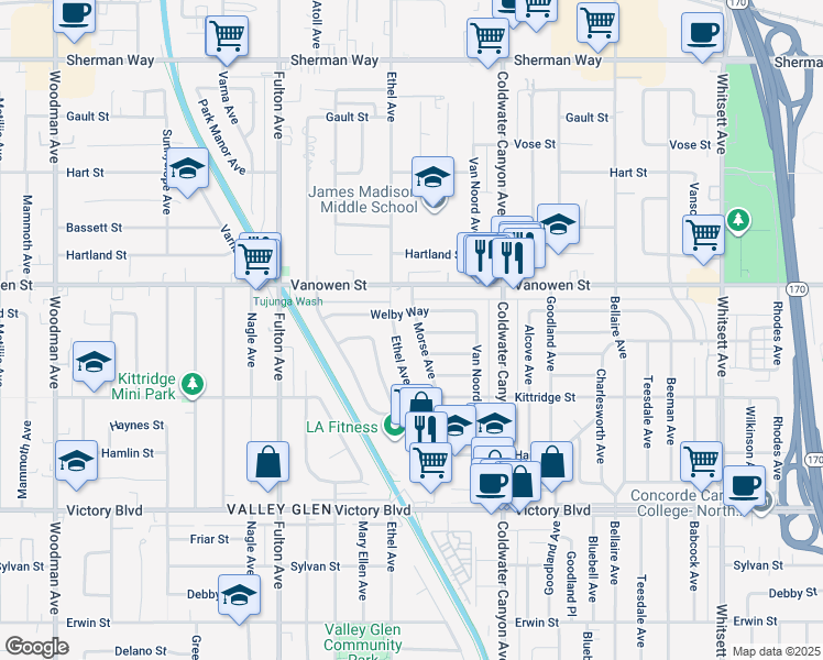 map of restaurants, bars, coffee shops, grocery stores, and more near 6703 Morse Avenue in Los Angeles