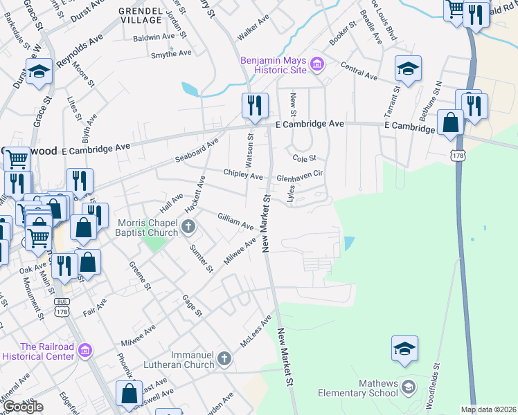 map of restaurants, bars, coffee shops, grocery stores, and more near 218 New Market Street in Greenwood