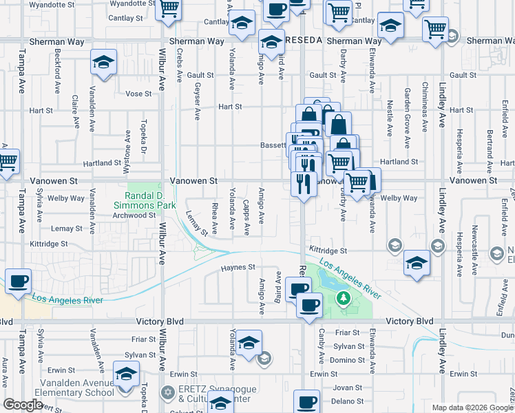 map of restaurants, bars, coffee shops, grocery stores, and more near 6719 Amigo Avenue in Los Angeles