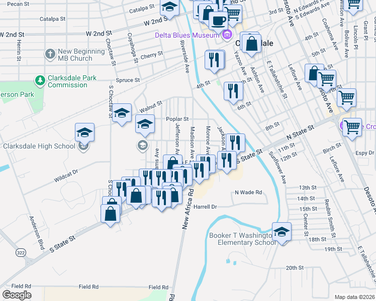 map of restaurants, bars, coffee shops, grocery stores, and more near 314 Madison Avenue in Clarksdale