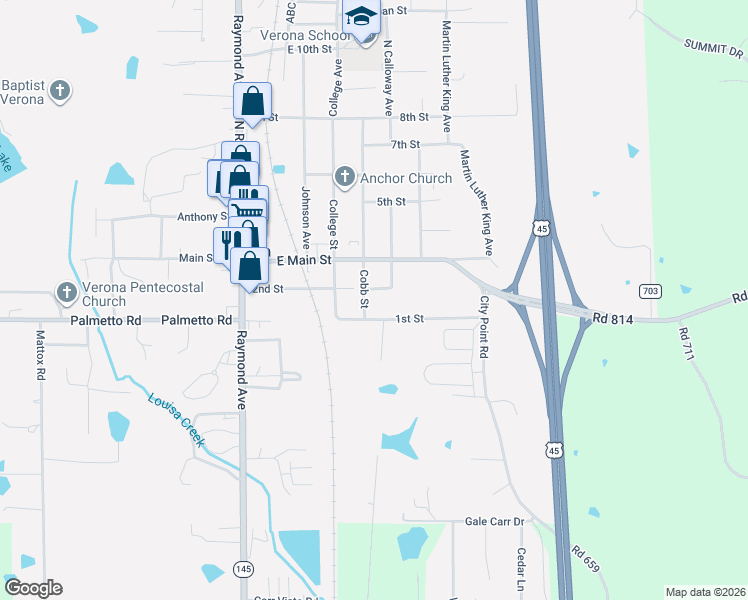 map of restaurants, bars, coffee shops, grocery stores, and more near 192 Cobb Street in Tupelo